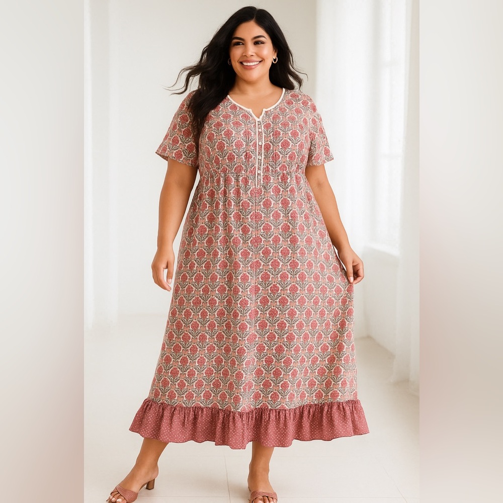 Woman Within Floral Maxi Dress Pink Boho‎ Cottagecore Ruffle Hem - 14W
